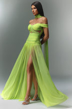 Neon Luxe Off-Shoulder Chiffon Gown