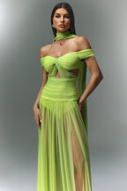 Neon Luxe Off-Shoulder Chiffon Gown