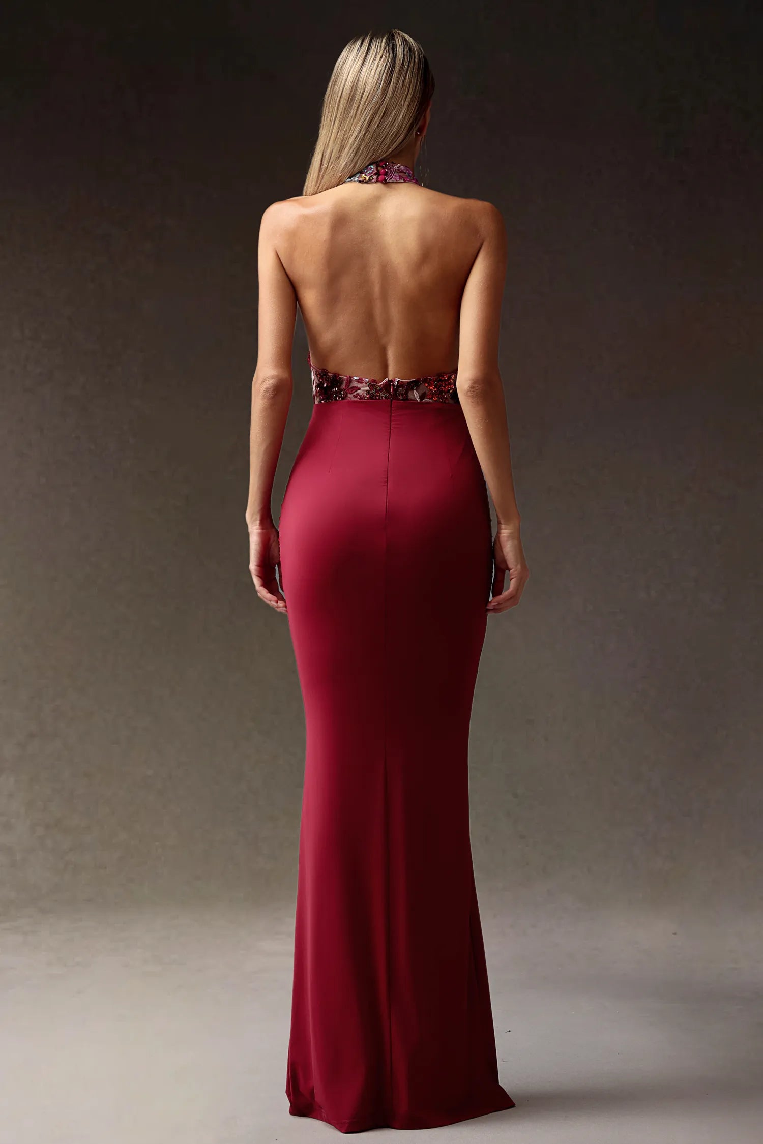 LLstyle Burgundy Floral Sequin Halter Gown