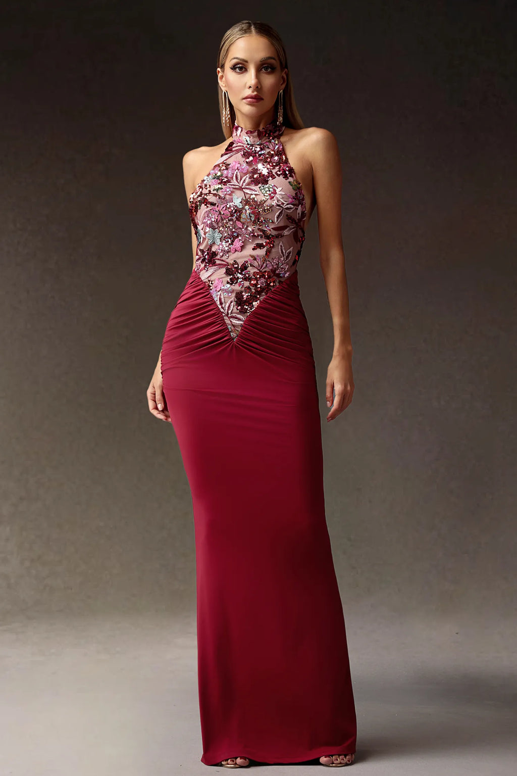 LLstyle Burgundy Floral Sequin Halter Gown