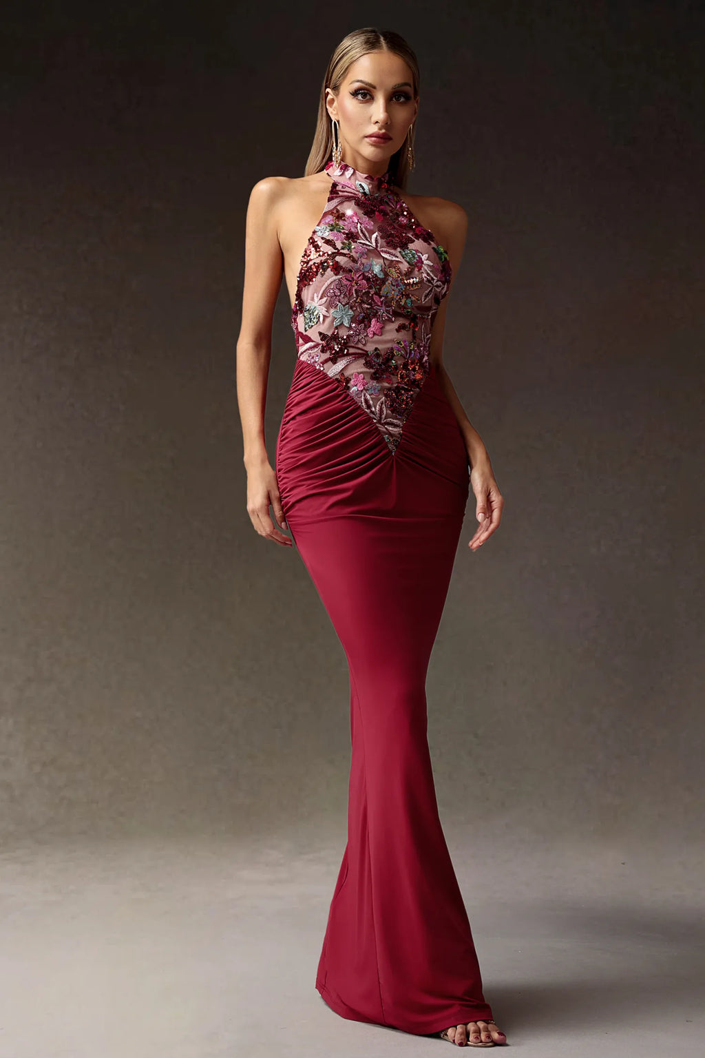 LLstyle Burgundy Floral Sequin Halter Gown