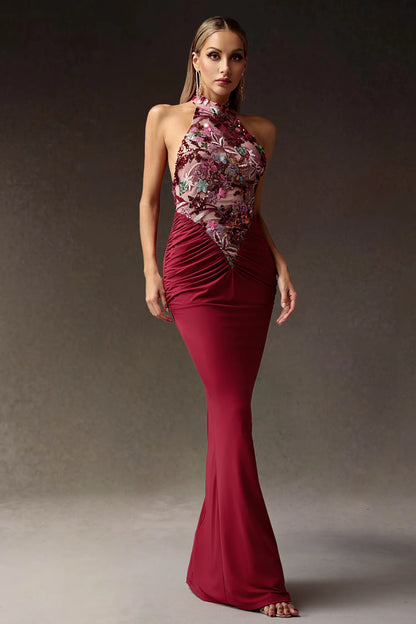 LLstyle Burgundy Floral Sequin Halter Gown