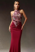 LLstyle Burgundy Floral Sequin Halter Gown