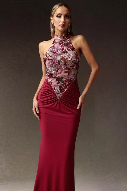 LLstyle Burgundy Floral Sequin Halter Gown