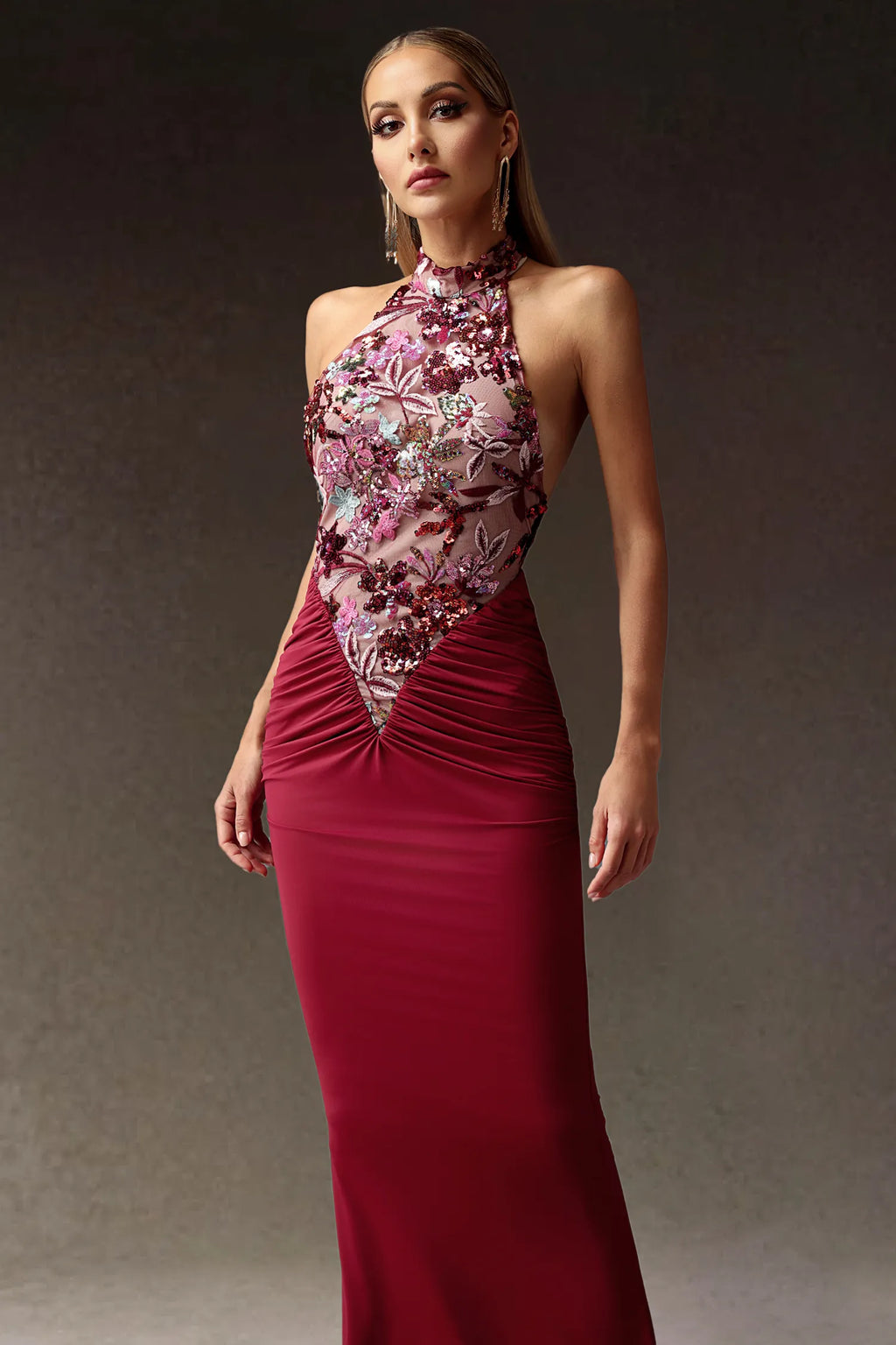 LLstyle Burgundy Floral Sequin Halter Gown