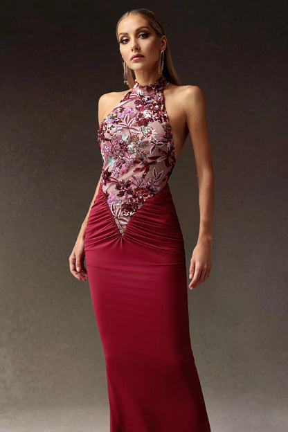 LLstyle Burgundy Floral Sequin Halter Gown