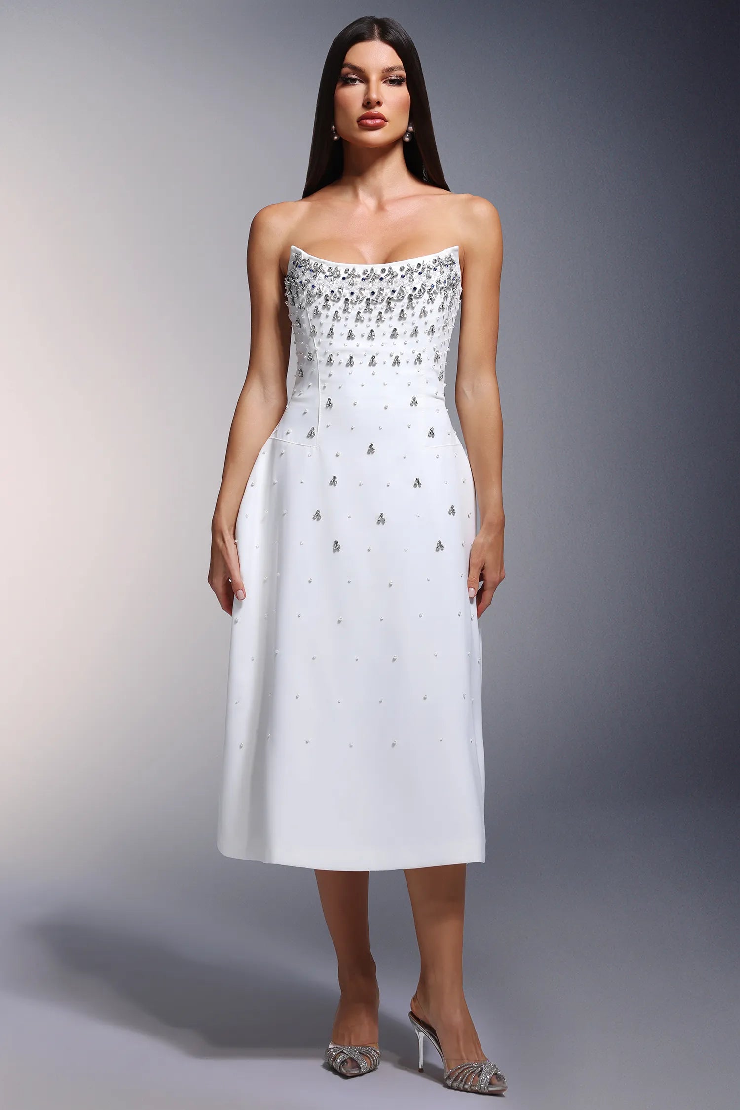 LLstyle White Embellished Strapless Midi Dress