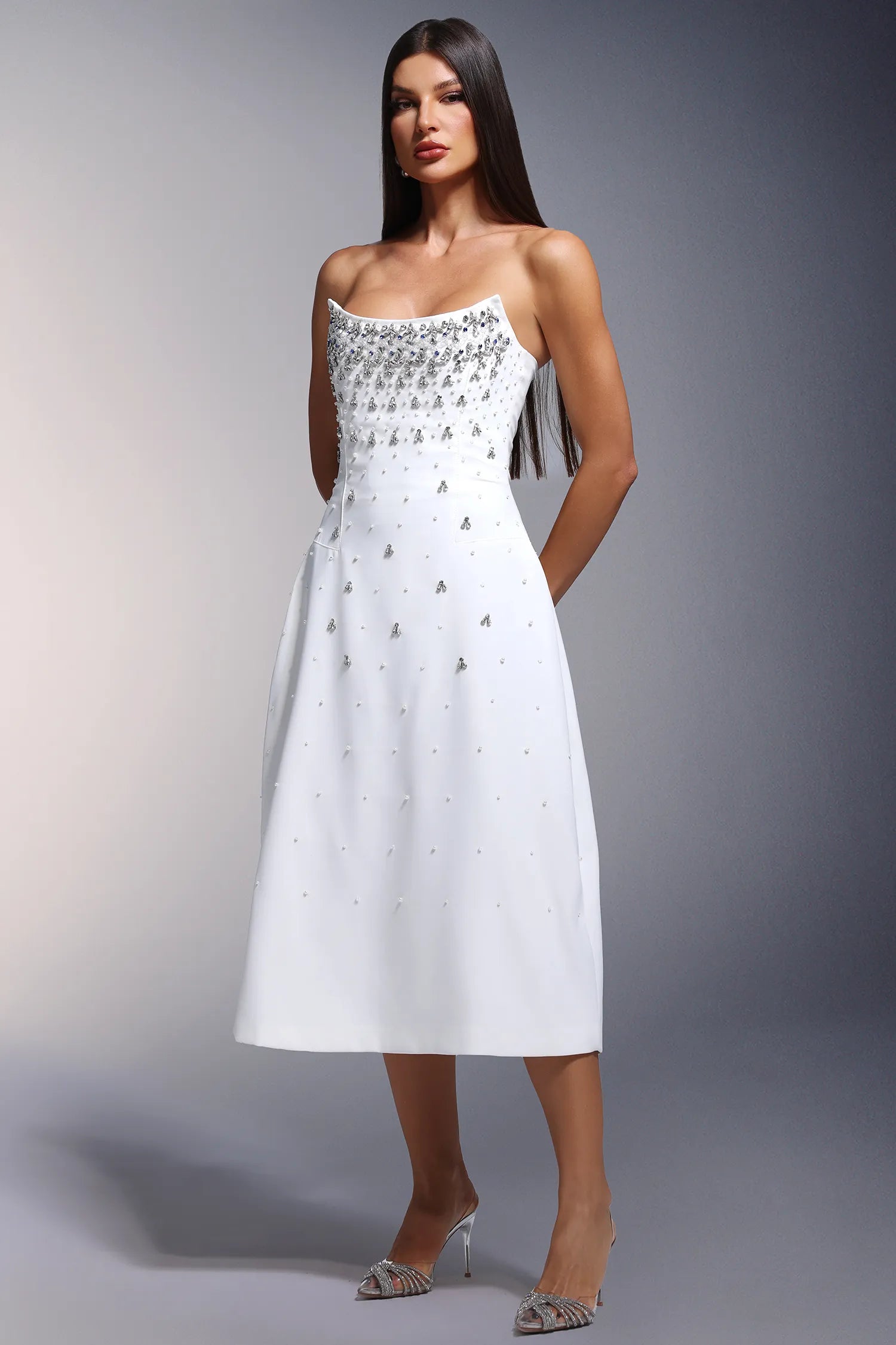 LLstyle White Embellished Strapless Midi Dress
