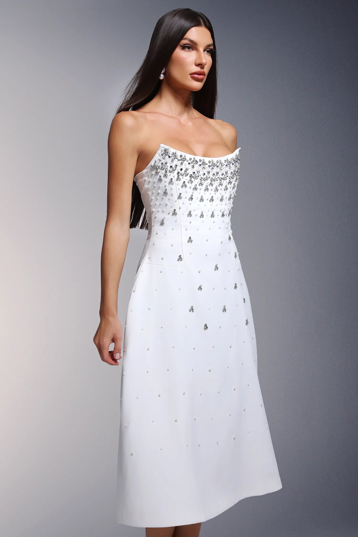 LLstyle White Embellished Strapless Midi Dress