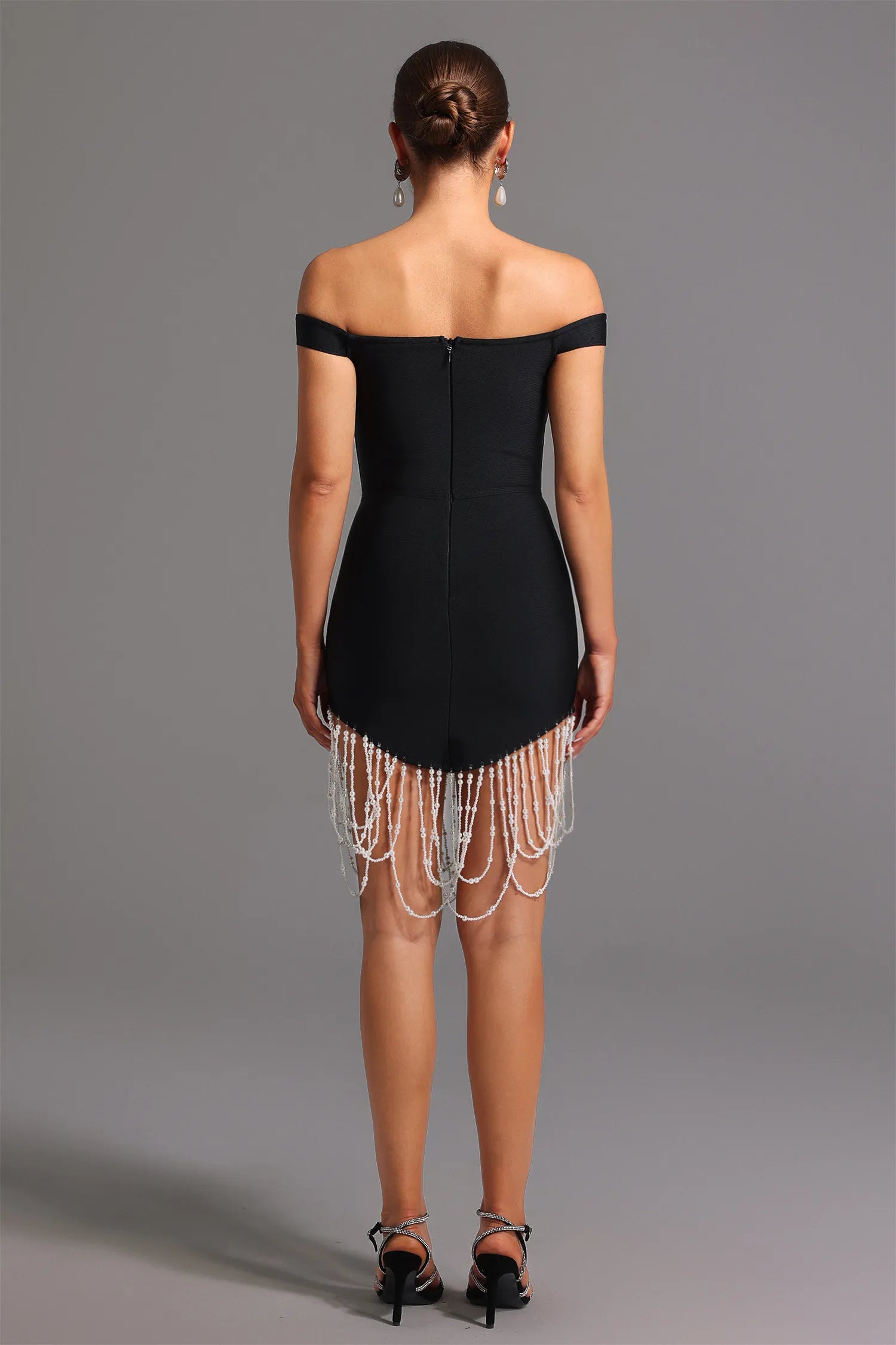 LLstyle Off-Shoulder Black Mini Dress with Crystal Fringe