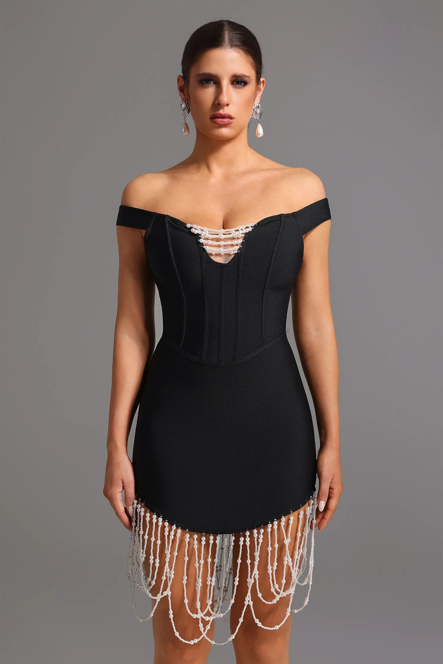 LLstyle Off-Shoulder Black Mini Dress with Crystal Fringe