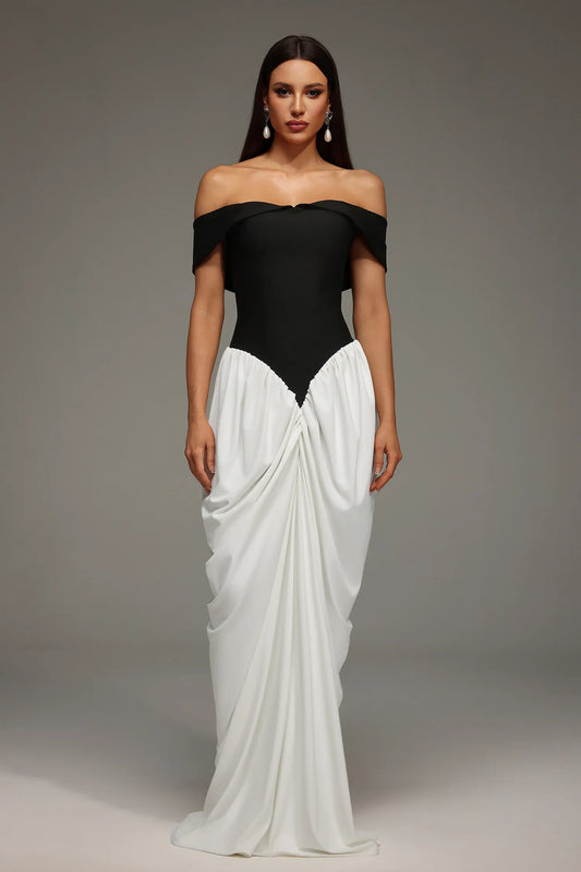 LLstyle Off-Shoulder Black &amp; White Draped Gown