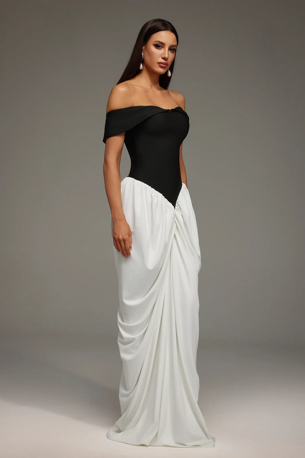 LLstyle Off-Shoulder Black &amp; White Draped Gown