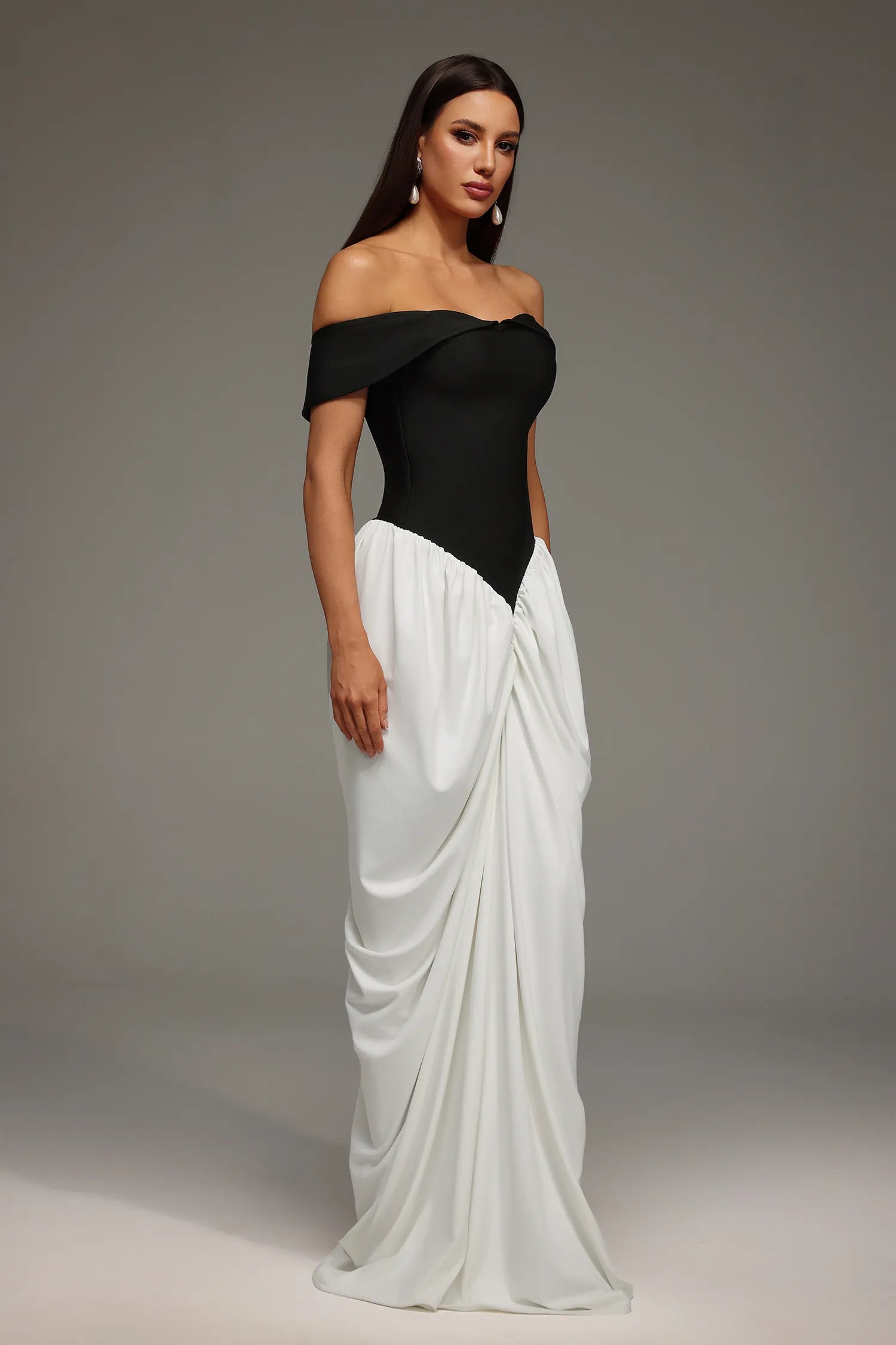 LLstyle Off-Shoulder Black &amp; White Draped Gown