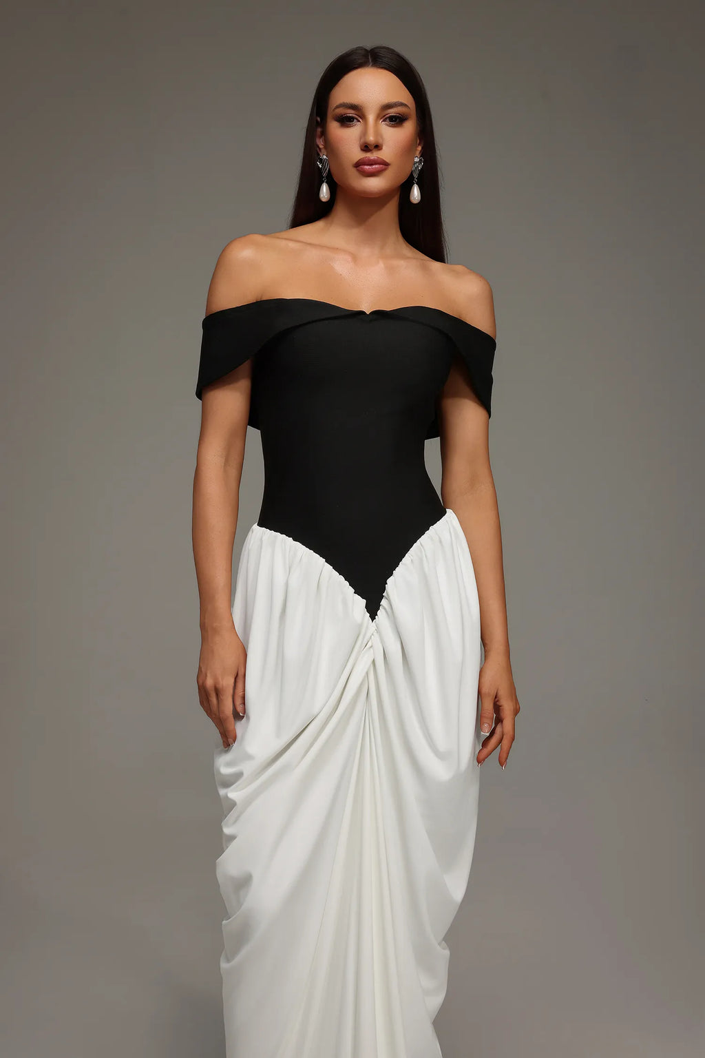LLstyle Off-Shoulder Black &amp; White Draped Gown