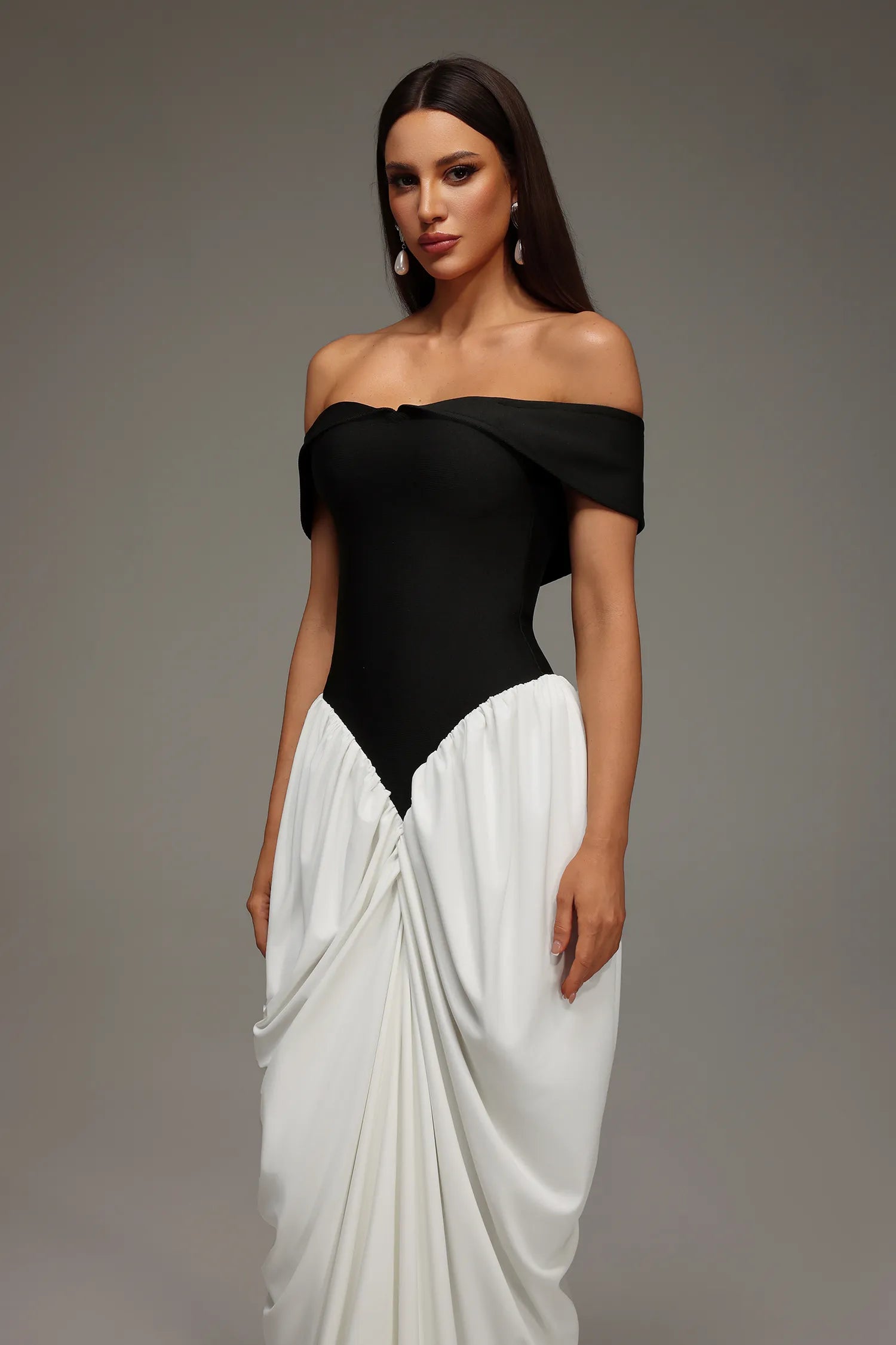 LLstyle Off-Shoulder Black &amp; White Draped Gown