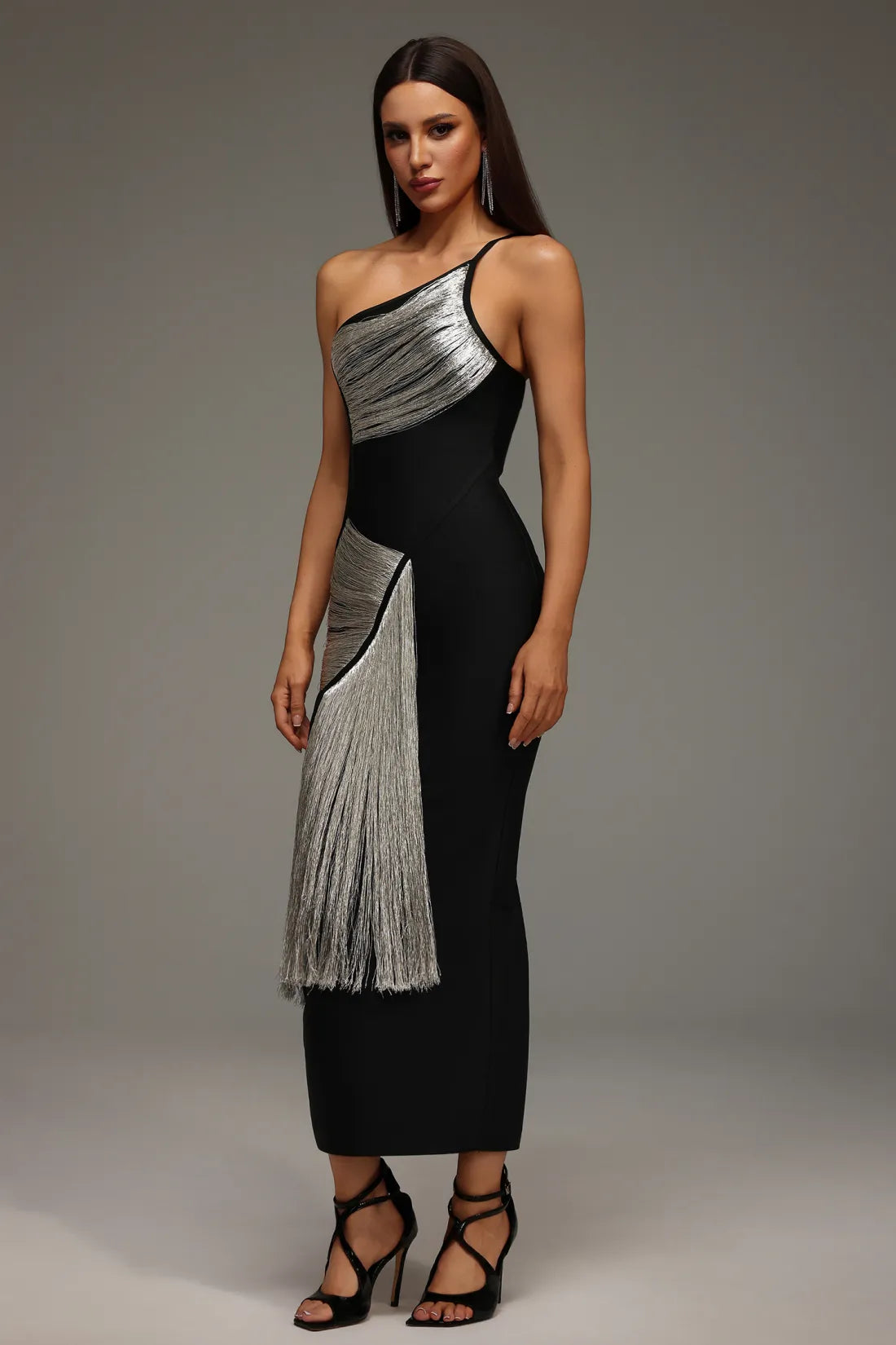 LLstyle One-Shoulder Metallic Panel Fringe Gown