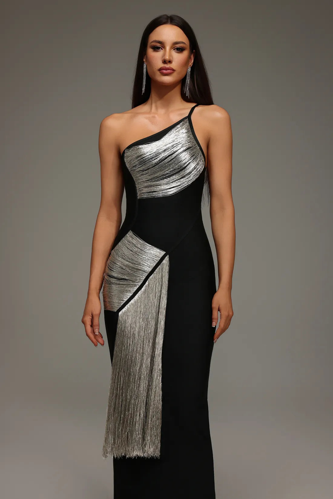 LLstyle One-Shoulder Metallic Panel Fringe Gown