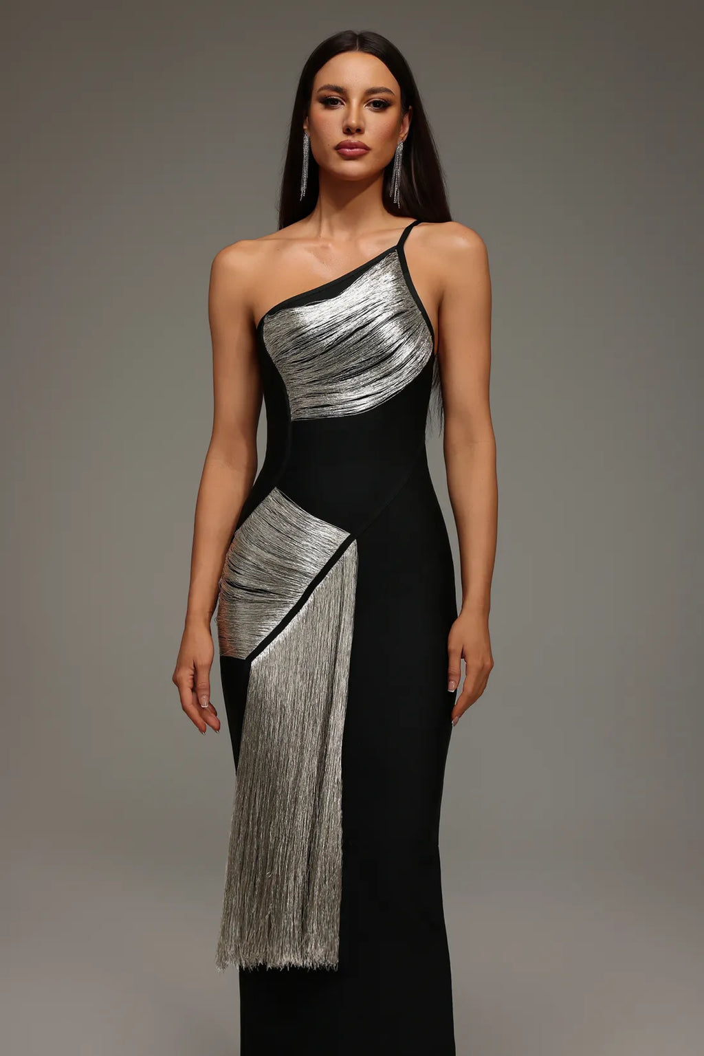   Élina Metallic Panel Fringe Gown