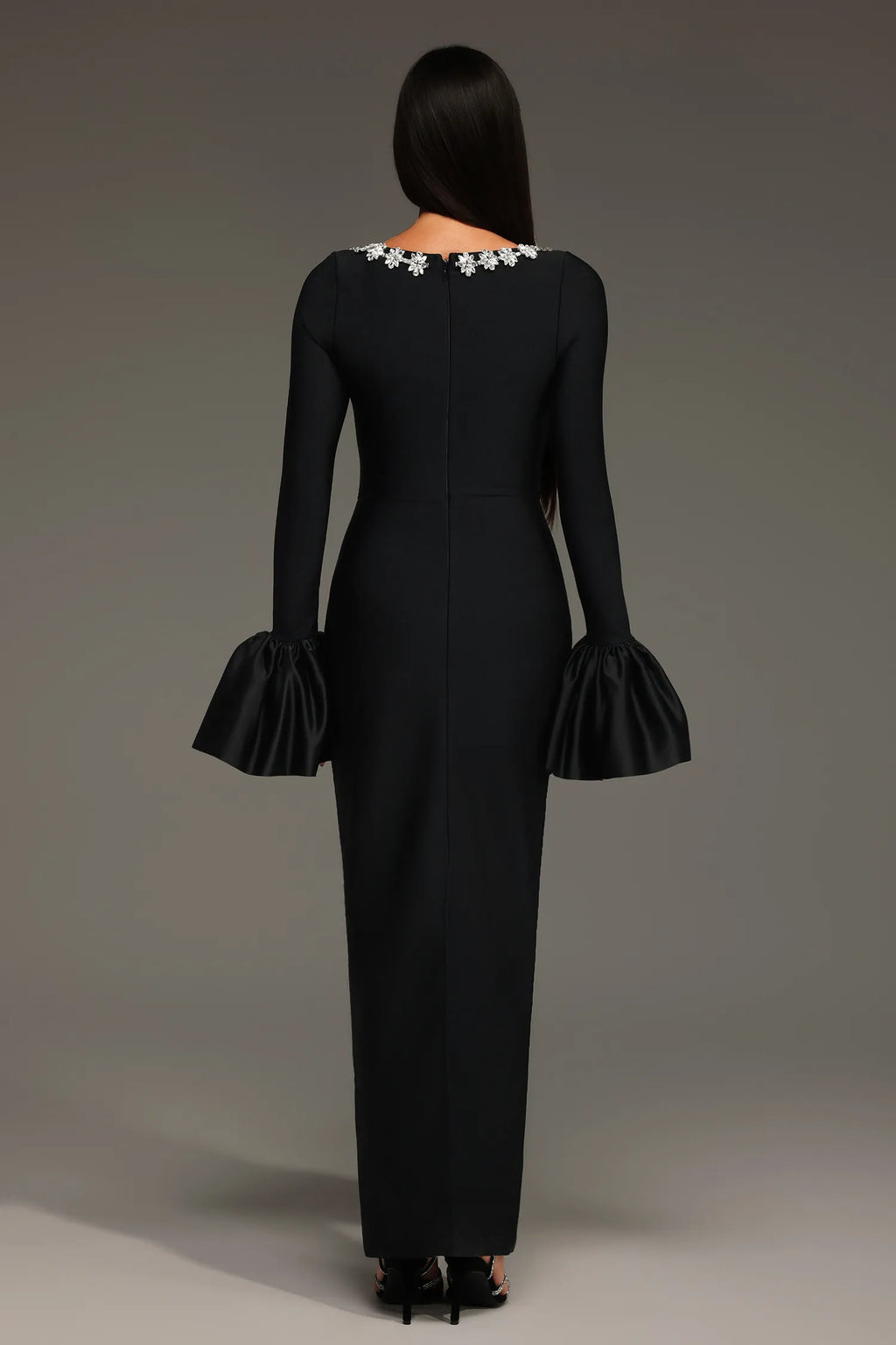 Whitney Black Floral-Neckline Gown