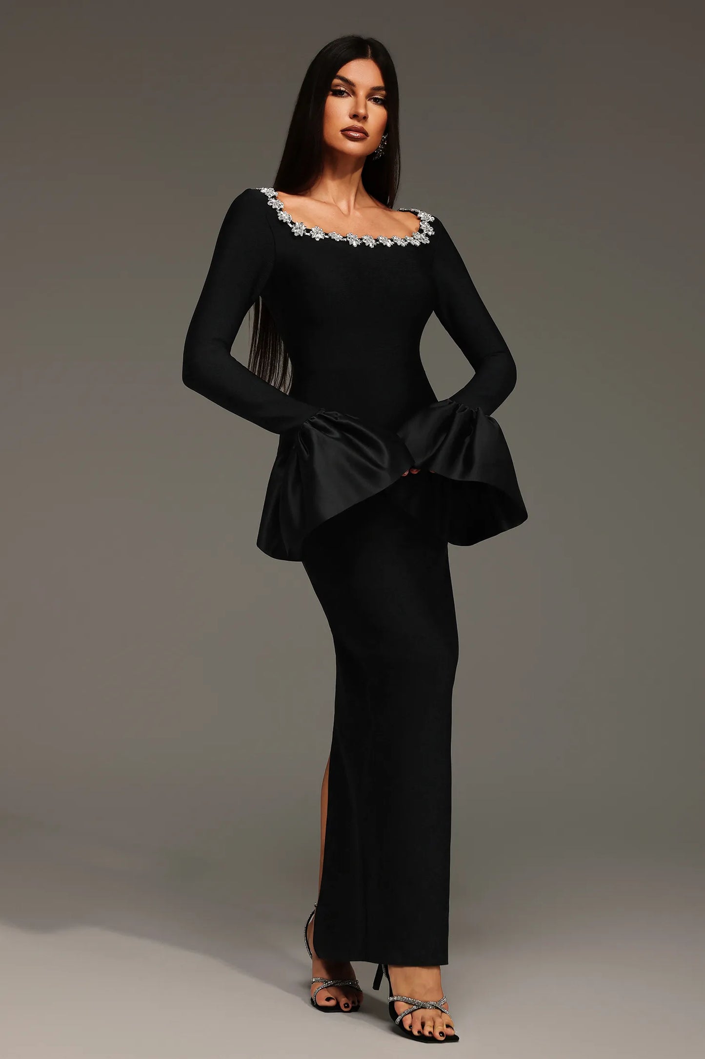 LLstyle Black Floral-Neckline Gown