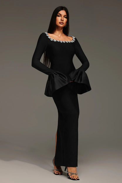 LLstyle Black Floral-Neckline Gown