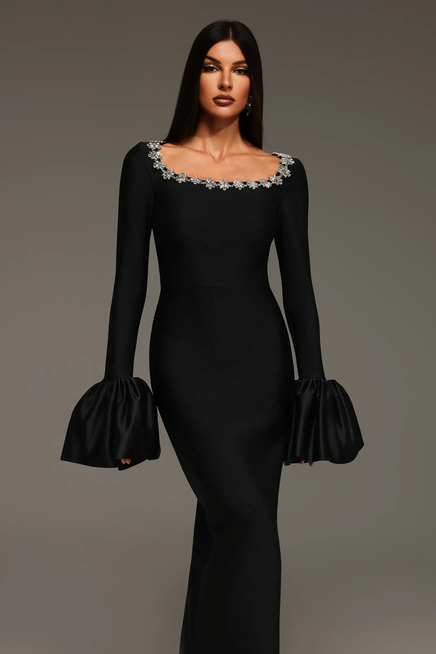 LLstyle Black Floral-Neckline Gown