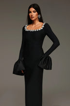 Whitney Black Floral-Neckline Gown