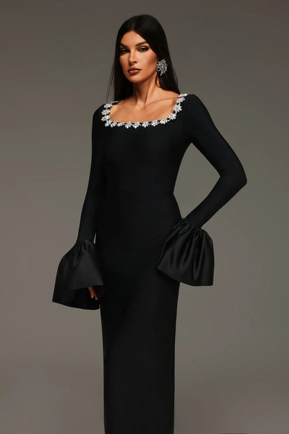 LLstyle Black Floral-Neckline Gown