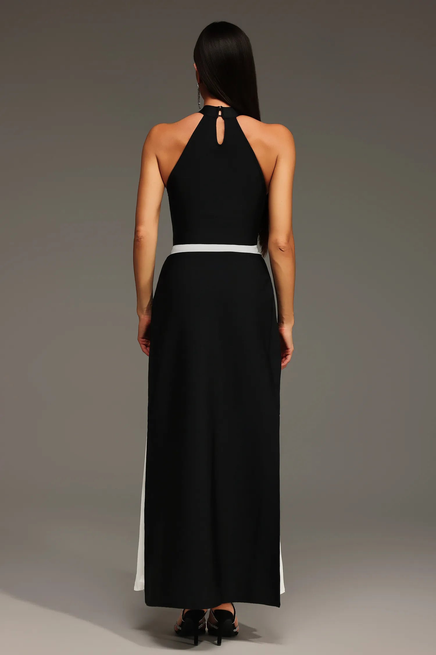Black & White Halter Pleated Maxi Dress