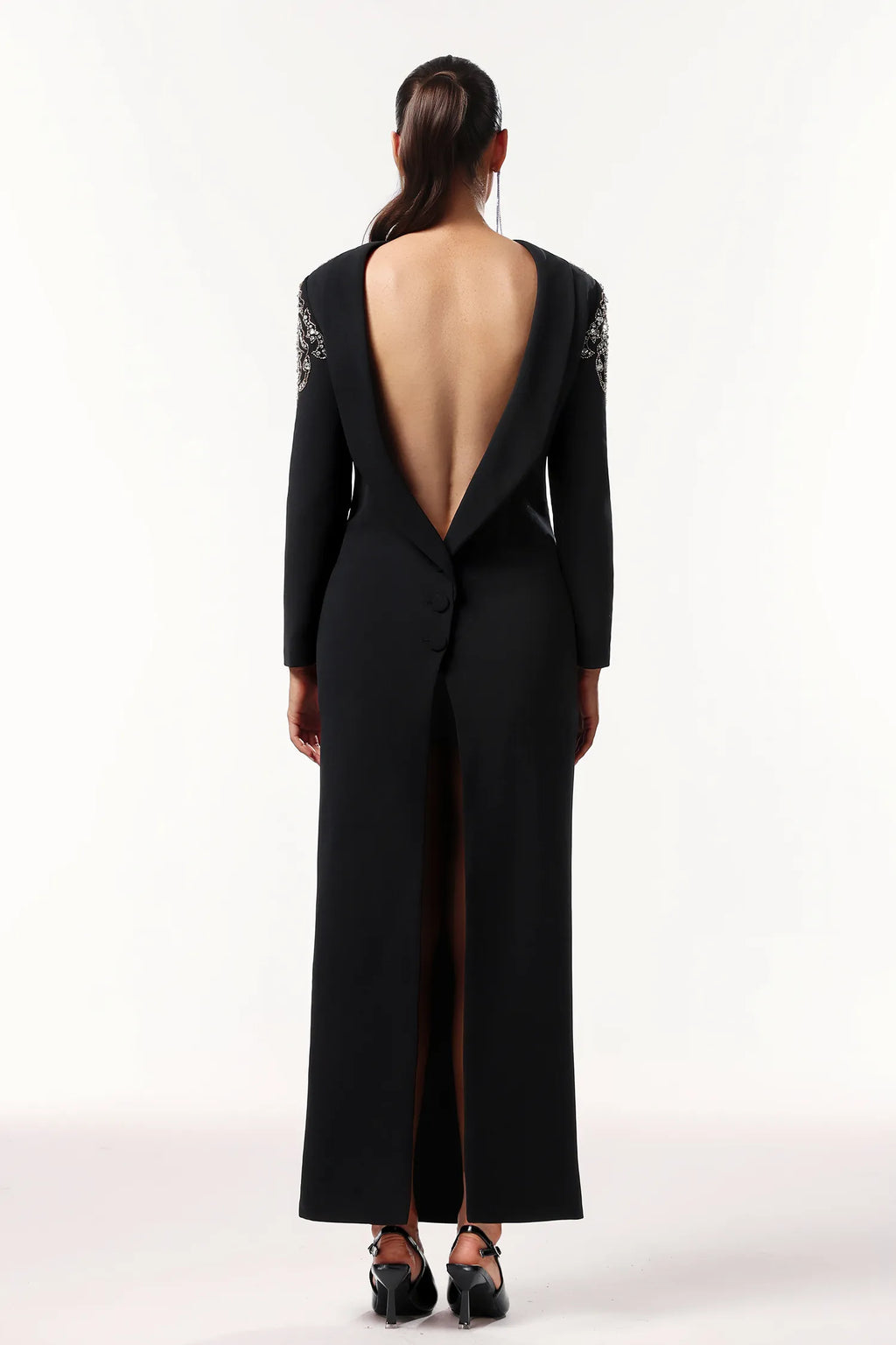 LLstyle Elegant Embellished Backless Black Gown