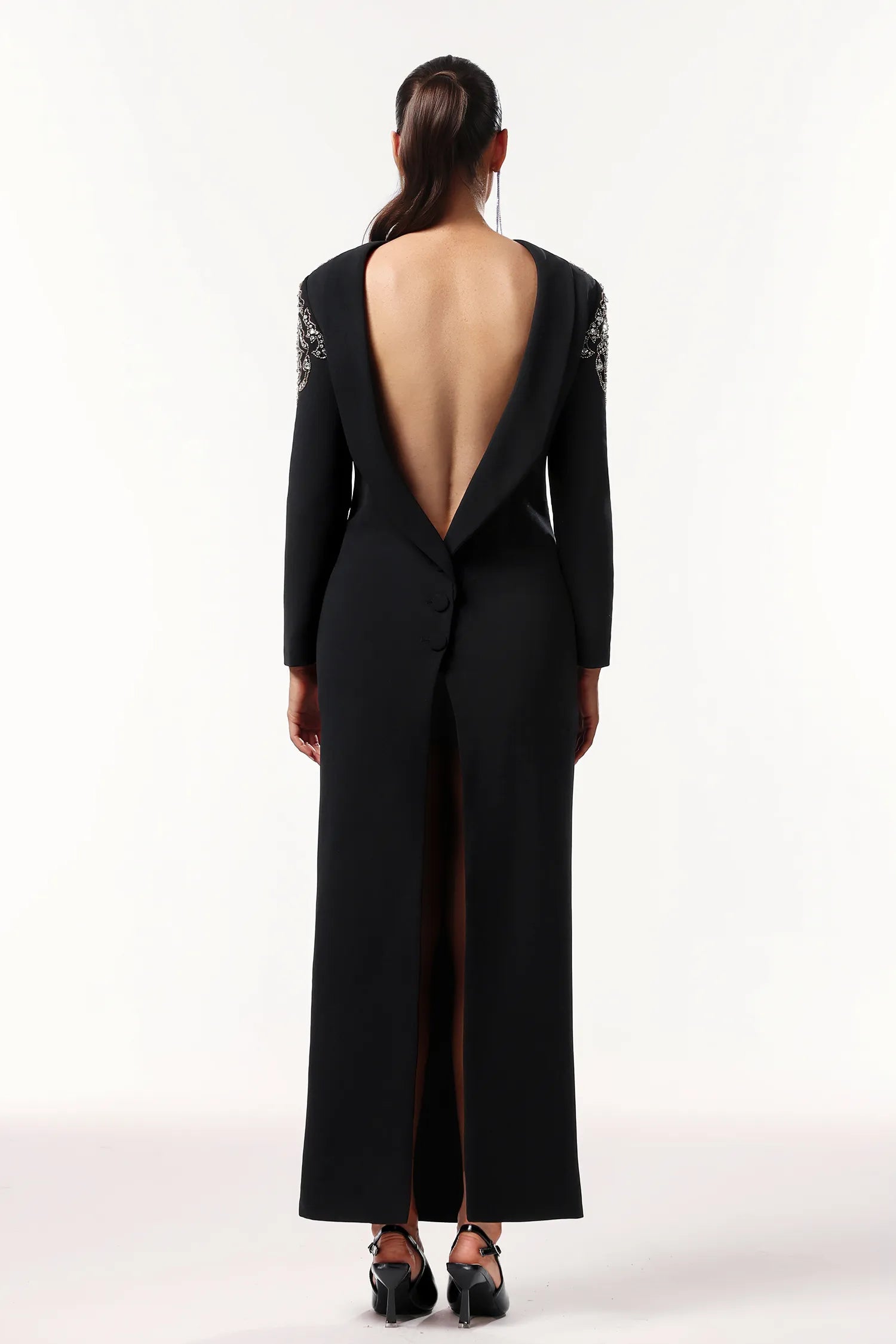 LLstyle Elegant Embellished Backless Black Gown