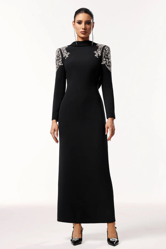 LLstyle Elegant Embellished Backless Black Gown