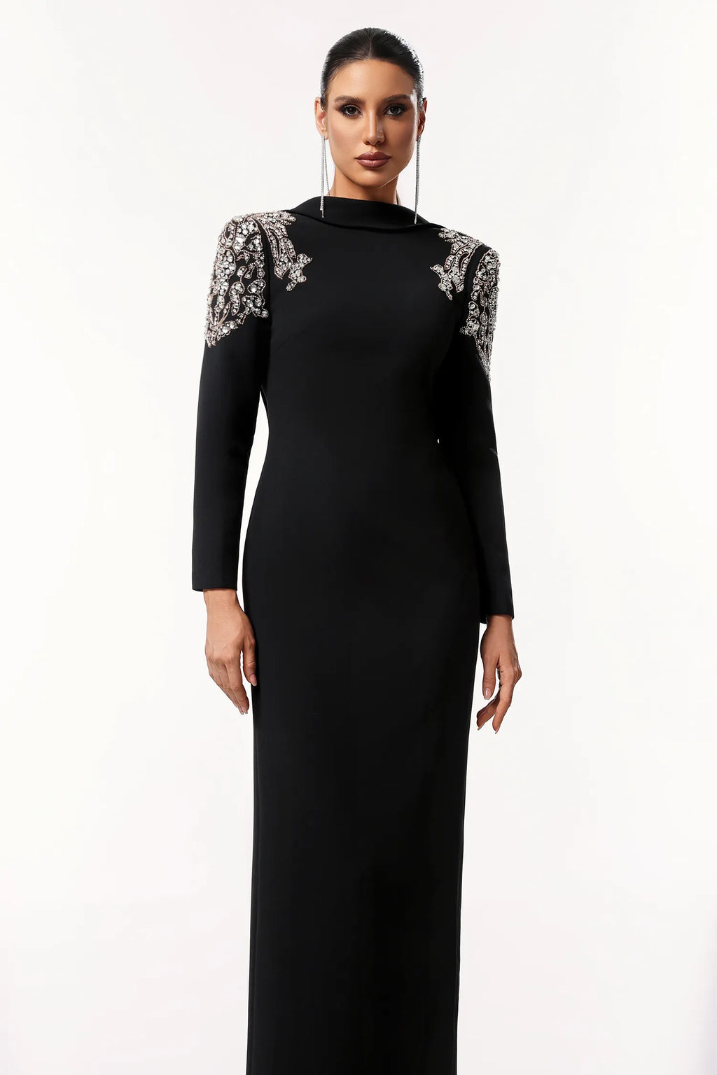 LLstyle Elegant Embellished Backless Black Gown
