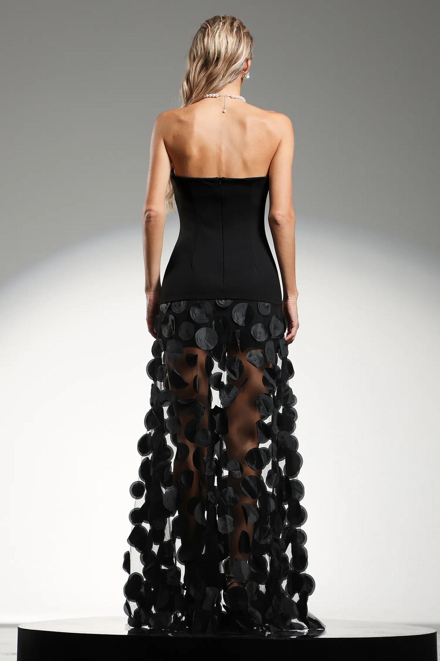 LLstyle Elegant Black Strapless Circle-Detail Gown