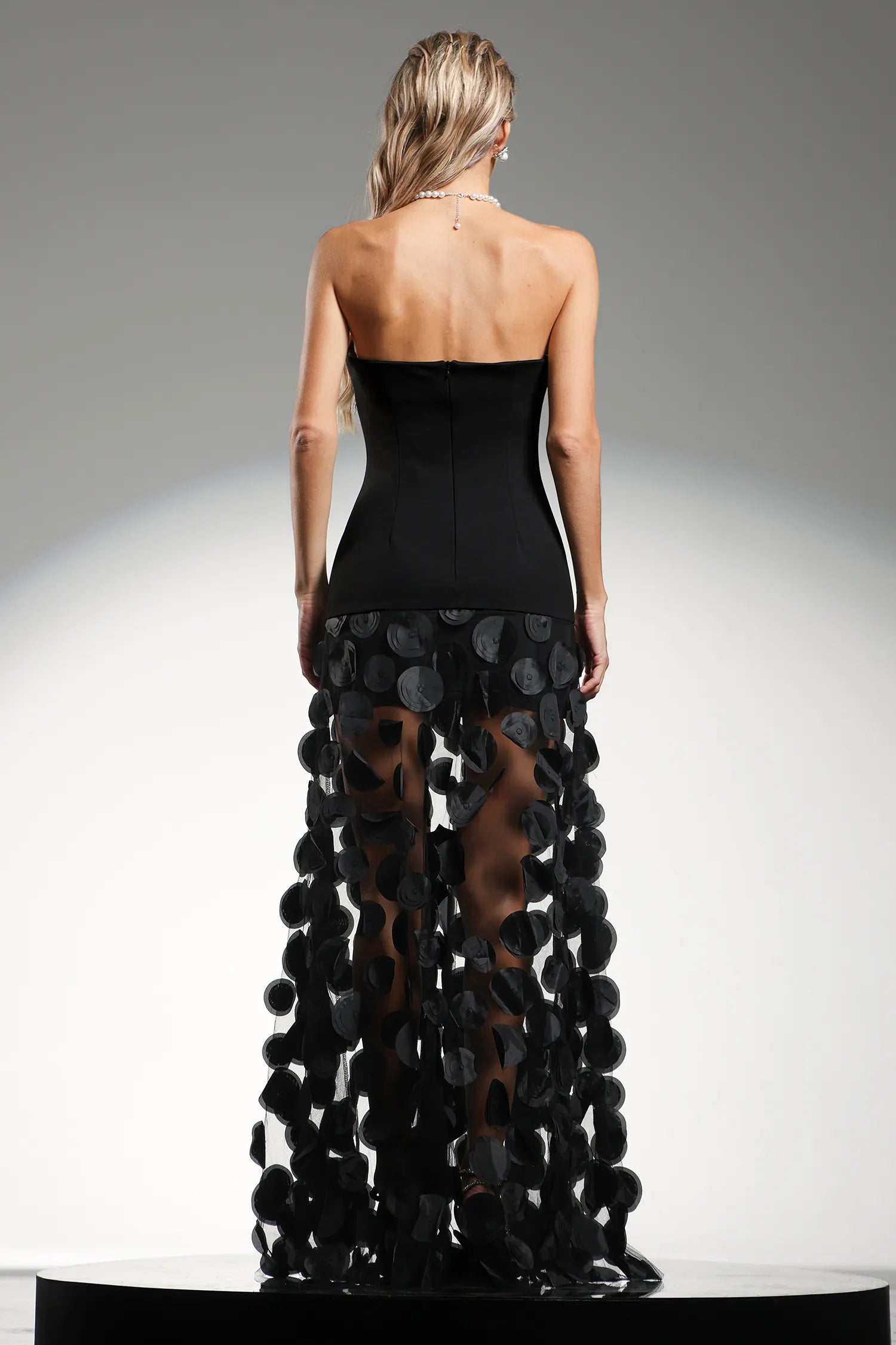 LLstyle Elegant Black Strapless Circle-Detail Gown