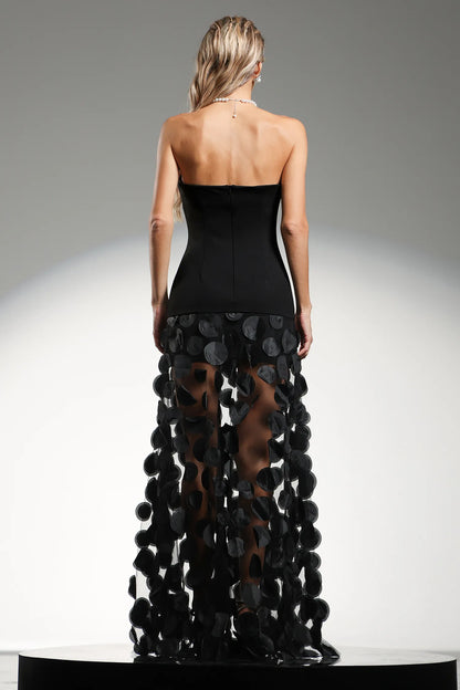 LLstyle Elegant Black Strapless Circle-Detail Gown