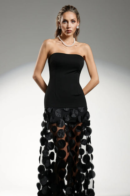LLstyle Elegant Black Strapless Circle-Detail Gown