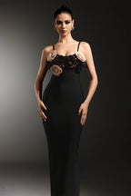 Floral Elegance Black Bodycon Gown