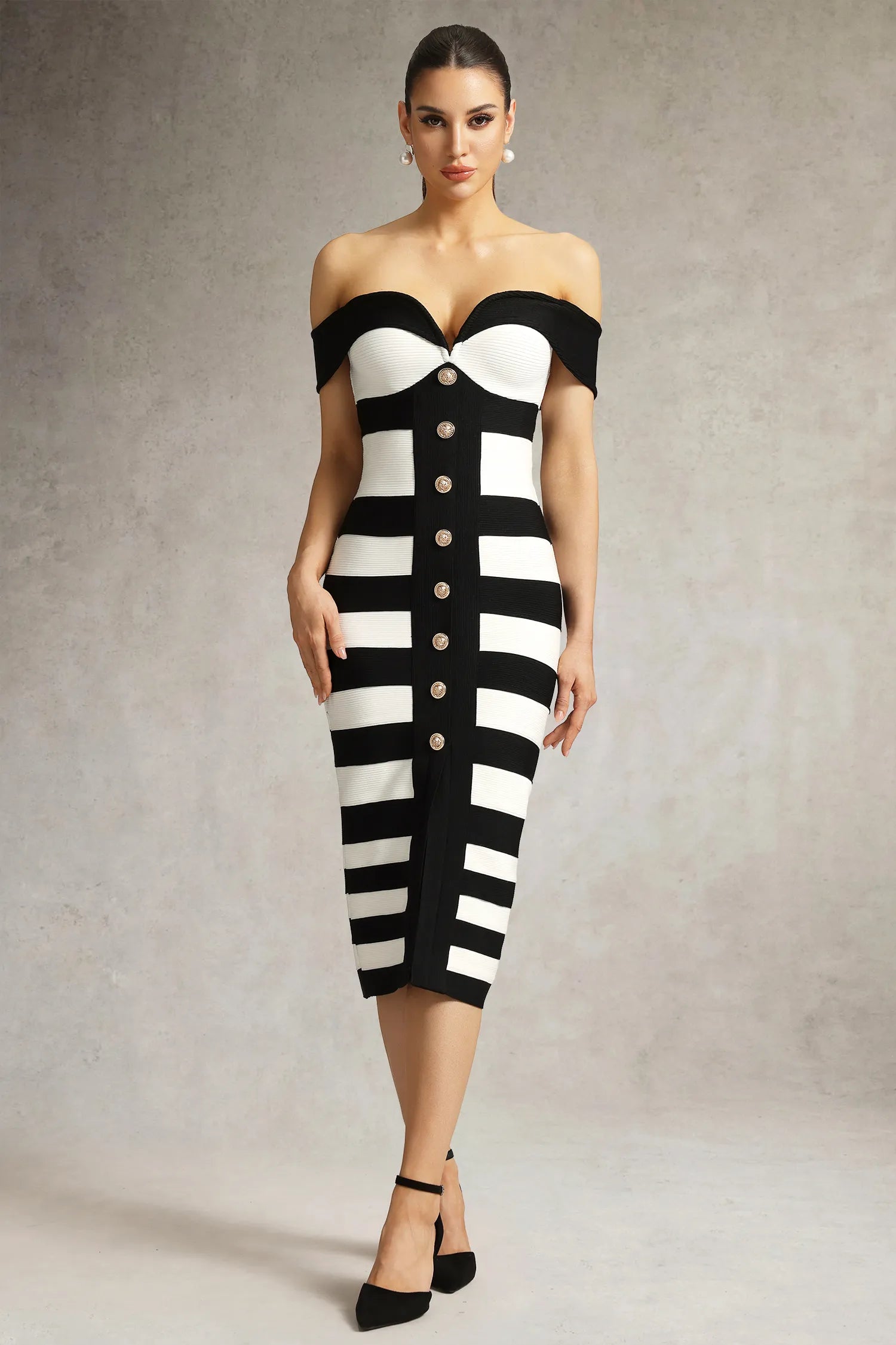 LLstyle Off-Shoulder Black &amp; White Statement Bodycon Dress