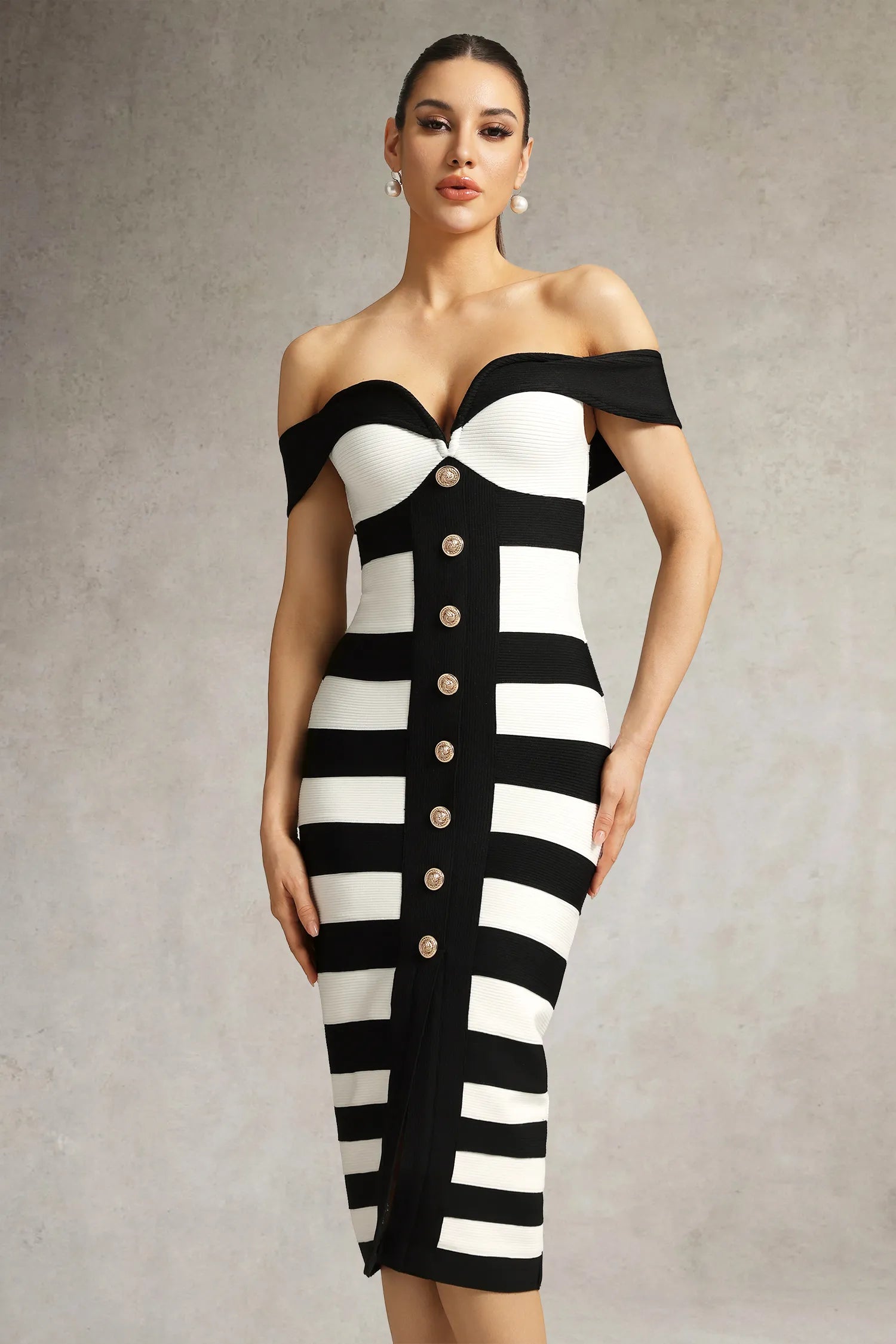 LLstyle Off-Shoulder Black &amp; White Statement Bodycon Dress