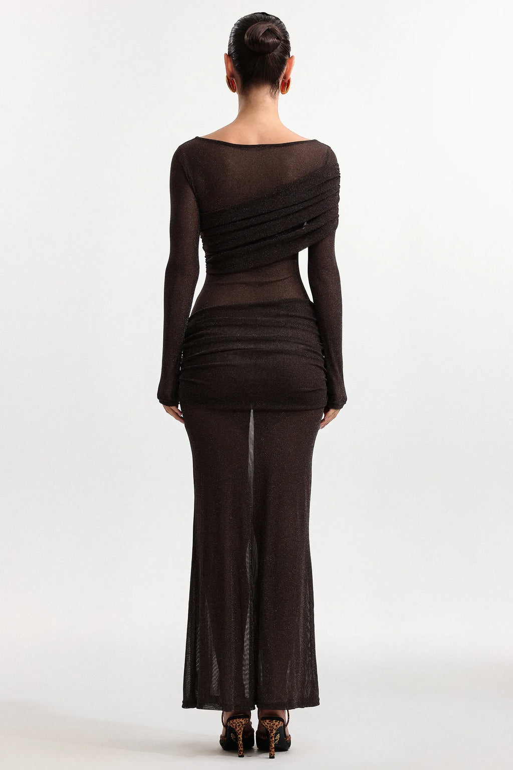 LLstyle Sheer Ruched Mesh Maxi Dress