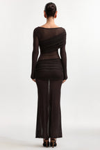 Henley Sheer Ruched Mesh Maxi Dress