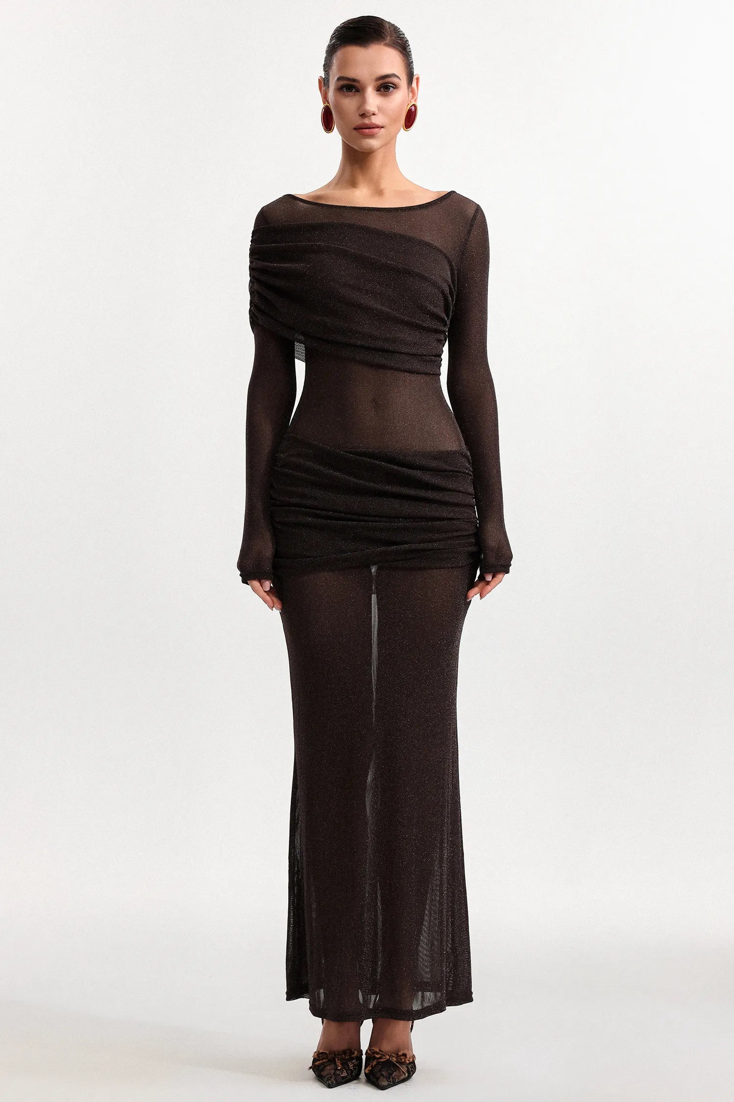 LLstyle Sheer Ruched Mesh Maxi Dress