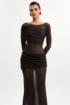 Henley Sheer Ruched Mesh Maxi Dress