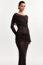 Henley Sheer Ruched Mesh Maxi Dress