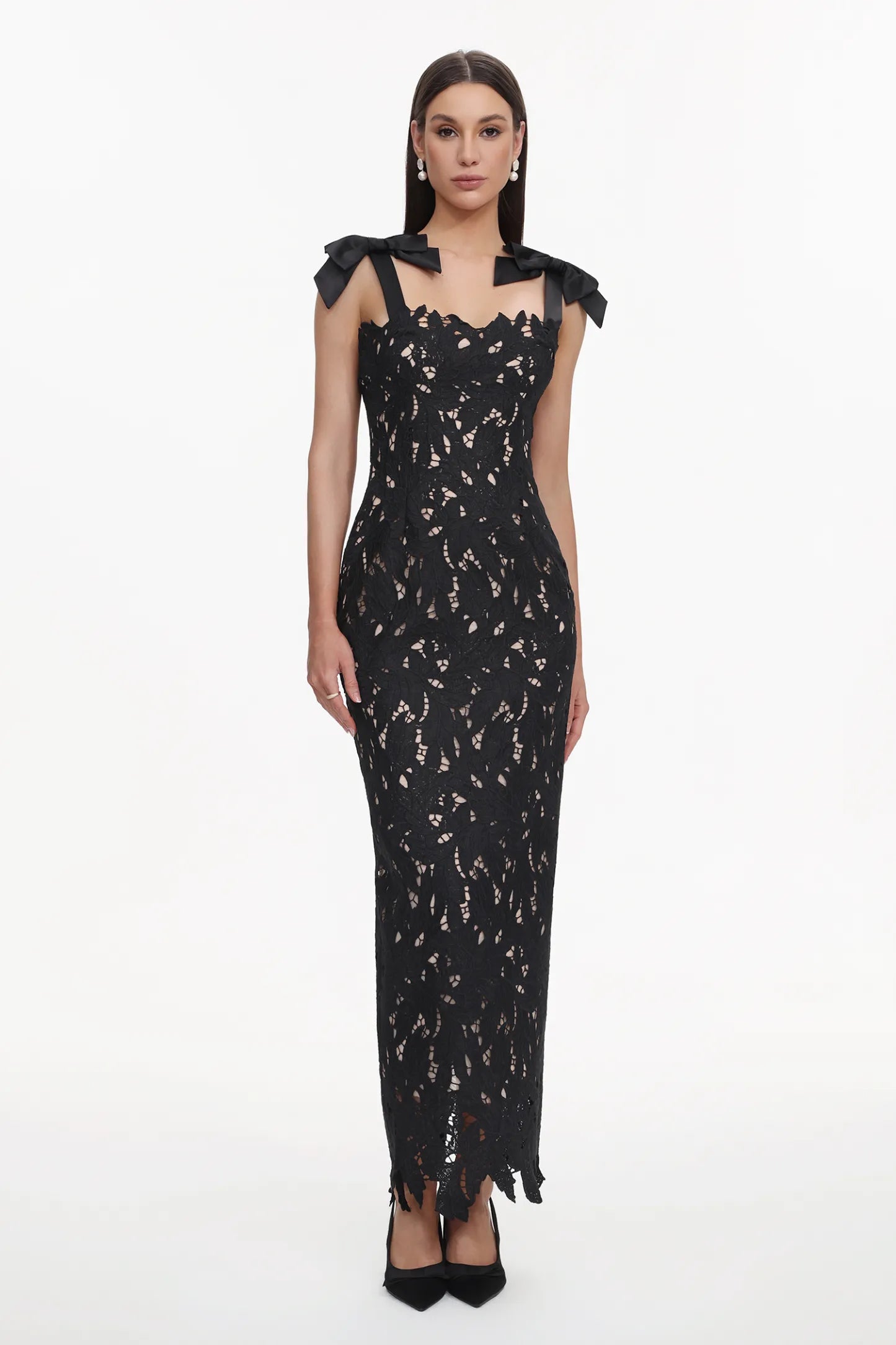 LLstyle Bow-Strap Lace Column Maxi Dress