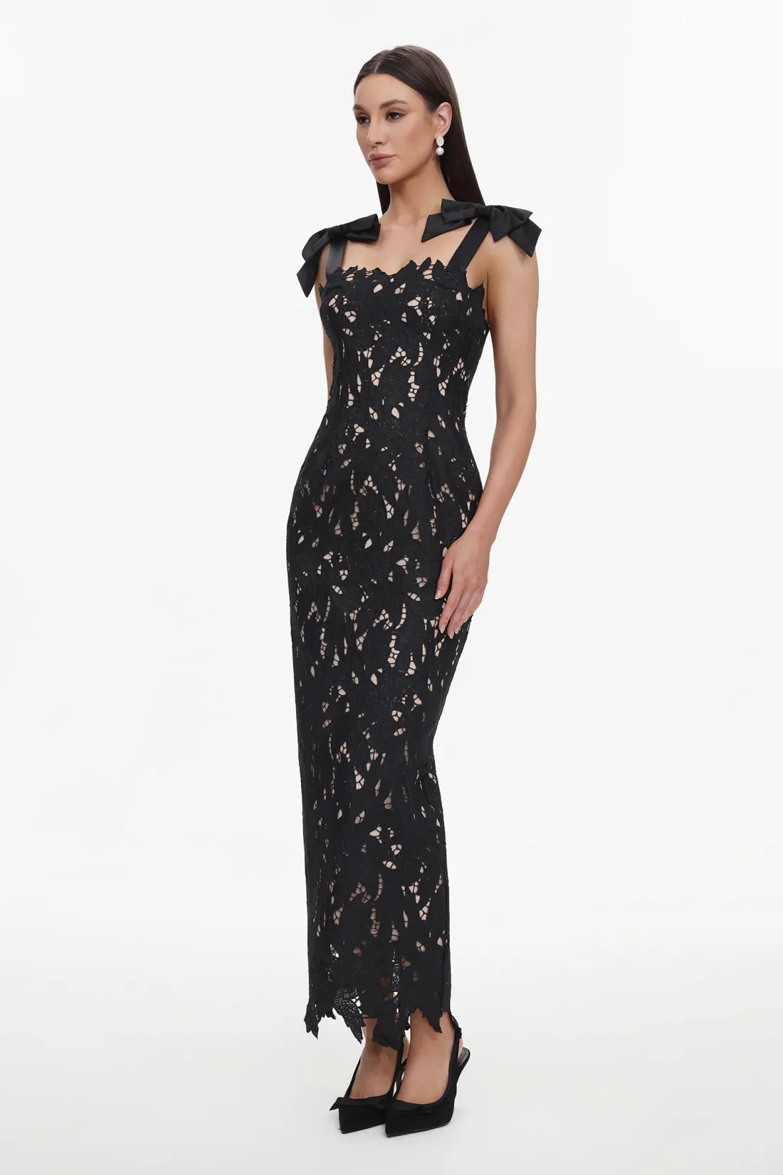 LLstyle Bow-Strap Lace Column Maxi Dress