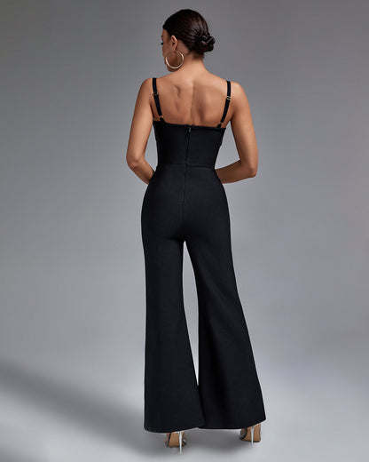 LLstyle Black Gold-Detail Flare-Leg Jumpsuit