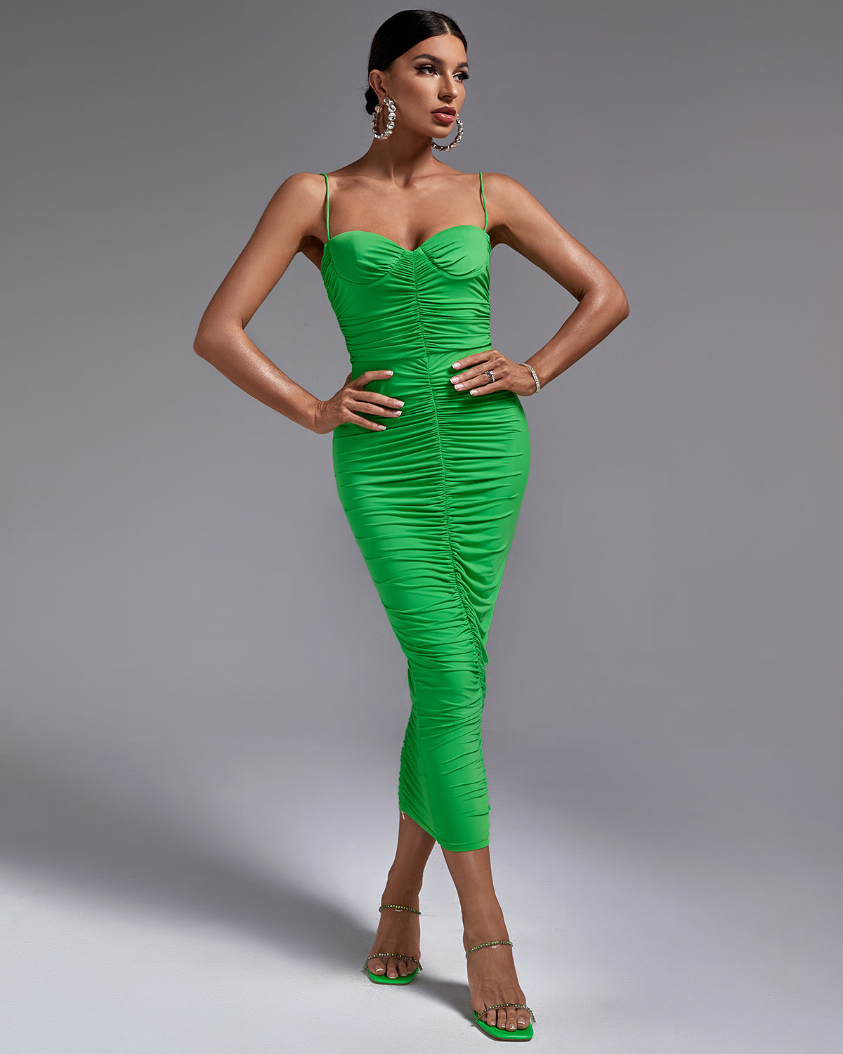 LLstyle Green Ruched Spaghetti Strap Midi Dress